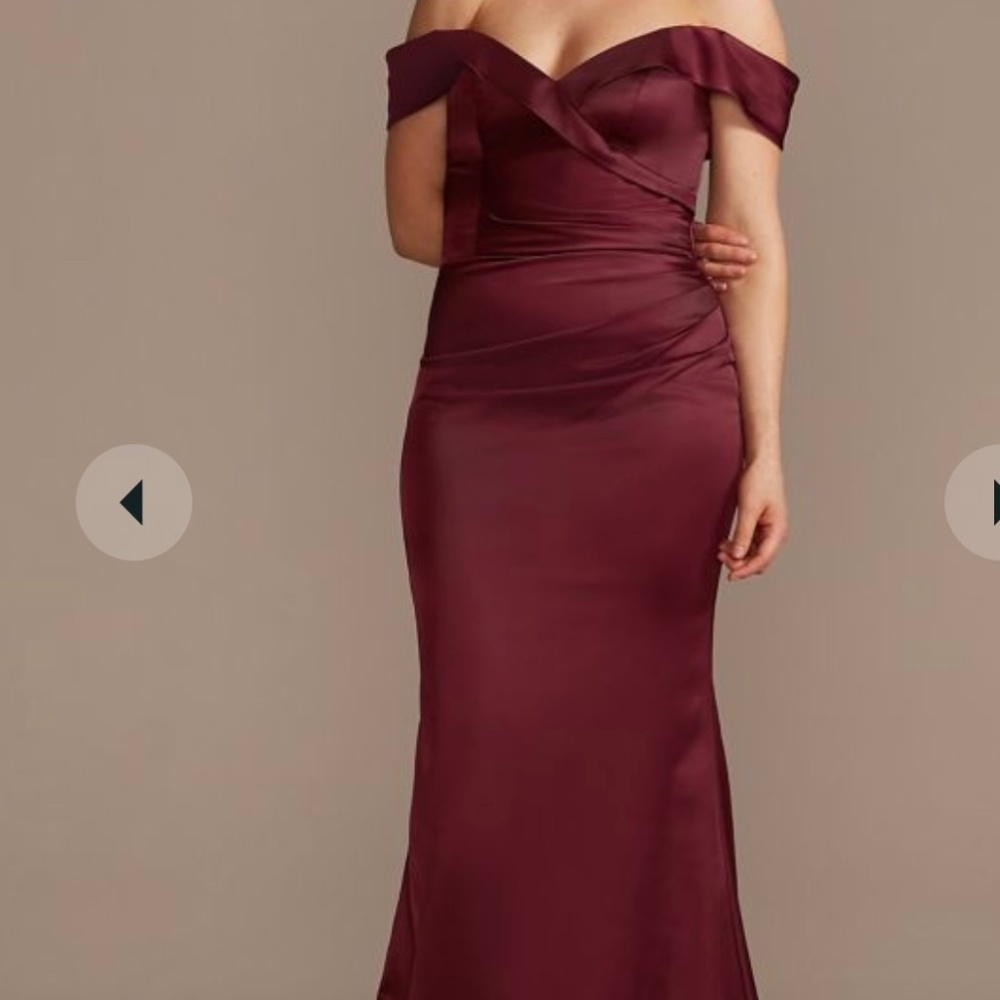 Size 16 Galina Signature Satin Wine Off-The-Shoulder Mermaid Bridesmaid Dress